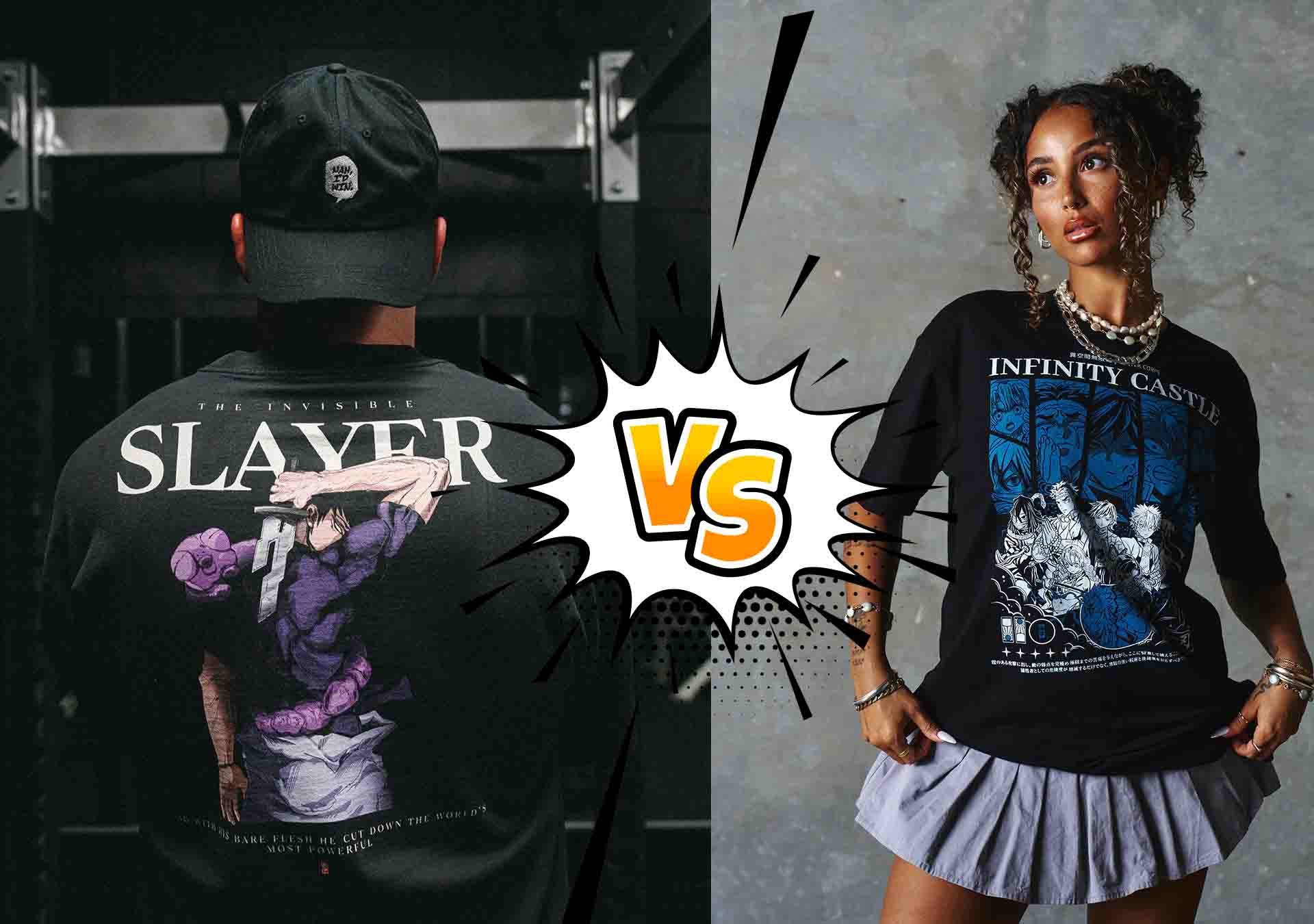 Anime tees in oversized and regular fit paired with sporty gymwear styling